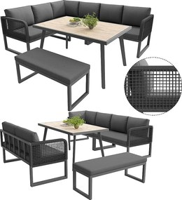 Zestaw mebli ogrodowych 6-8-osobowy - z poduszkami + stół + ława + sofy z ręcznie tkanego rattanu - szary