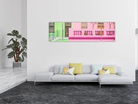 Obraz samochodu - kolorowe domy (170x50 cm)