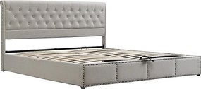 Łóżko tapicerowane lniane - ozdobione nitami - z stelażem na listwy - 160x200cm - Jasnoszare