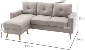 HOMCOM Sofa narożna 3-osobowa, w wyglądzie lnu, Chaiselongue odwracalne, 193x136x85 cm, Jasnoszary | Aosom PL