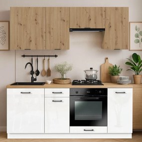 Zestaw Mebli Kuchennych MODERN 200 cm Dąb/Biały Połysk Ryflowany Nowoczesny