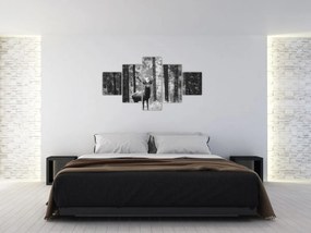 Obraz - Jeleń w lesie 2, czarno - biały (125x70 cm)