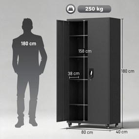 HOMCOM Szafa metalowa zamykana na kółkach, 5 regulowanych półek, ze stali, 80 x 40 x 180 cm Czarny | Aosom PL