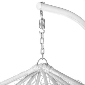 Białe wiszące krzesło KOKON ze stojakiem, jasnozielona poduszka ze wzorem