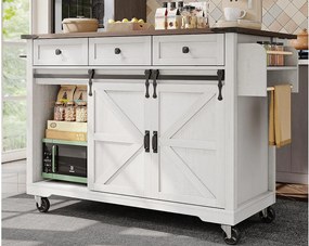 Wyspa kuchenna - z wysuwanym blatem - 2 drzwi przesuwne z półkami i 3 szufladami - Beżowy