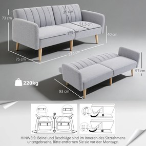 HOMCOM Sofa do spania, dwuosobowa sofa materiałowa, z funkcją spania, polyester stylizowany na len, drewno kauczukowe, 173 x 75 x 73 cm, szara