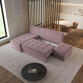 Masseno Narożnik NORVI z funkcją spania i pojemnikiem na pościel Narozniki L, Rozkładana sofa - Pudrowy róż, KRONOS 27