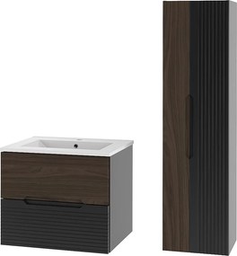 Zestaw Łazienkowy 60cm Szafka z Umywalką Słupek Czarny Mat / Orzech Avella