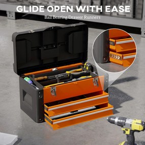 HOMCOM Pusta Skrzynka na Narzędzia, 49,7 x 25,3 x 28,9 cm, Skrzynka z Szufladą i Mini-Skrzyneczką, Stal Pomarańczowa