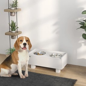 PawHut Podwyższona Stacja Karmienia dla Psów, z Wyjmowaną Matą Antypołykania, 2 Miski Aluminiowe, Schowek, Biały