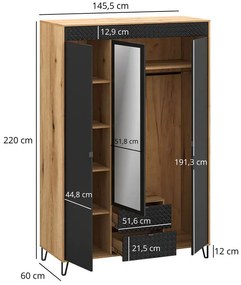 Szafa trzydrzwiowa z lustrem na nóżkach dąb evok + czarny Z8-P86