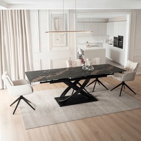 Zestaw Stół Rozkładany IBIZA 160-240 cm Czarny Marmur i 4 Krzesła Tapicerowane JULY Kremowe Nowoczesne
