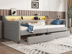 Łóżko tapicerowane z lnu 90x200cm z LED - 2 szuflady i porty USB - z stelażem na listwy - Szare