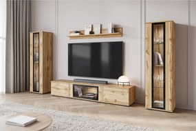 Nowoczesna meblościanka do salonu z LED mat 2 witryny i szafka RTV 180 cm dąb wotan