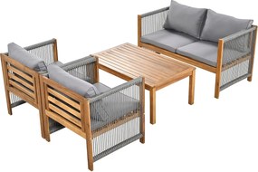 Zestaw mebli ogrodowych modułowych 4-osobowych z drewna akacjowego: 1 sofa 2-osobowa + 2 fotele + 1 stolik kawowy - Szary + naturalny