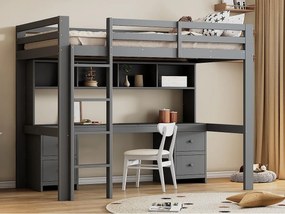 Łóżko mezzanine 90x200cm - z biurkiem i 2 komodami - z drewna sosnowego i MDF - Szare