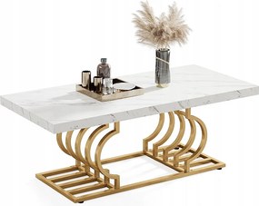 Nowoczesny stolik kawowy, stolik koktajlowy z imitacji marmuru z geometryczną podstawą, prostokątny stolik boczny do sofy, biały i złoty