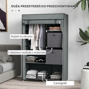 HOMCOM Szafa z tkaniny Szafa do przechowywania ubrań składana, 1 drążek na ubrania, 6 półek, 102 x 42,5 x 162,5 cm, Szary