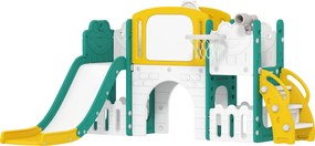 AIYAPLAY Zestaw zjeżdżalni 7 w 1 dla dzieci, kosz do koszykówki, motyw żabki, urządzenie do wspinaczki, siedzisko huśtawki, do użytku wewnętrznego i zewnętrznego, Żółty+Zielony