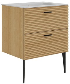 Szafka łazienkowa na nóżkach z umywalką do zabudowy , prążkowana - 2 szuflady - Jasny naturalny - 60 cm - SARONE