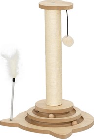 PawHut Drapak dla Kotów, 49 cm, Słup do Drapania z Sizalu, Tor z Kulami, Piłka, Zabawkowa Sprężyna, Design 4-w-1, Dąb, Biały