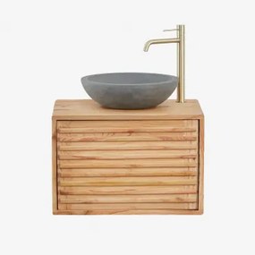 Zestaw Wiszących Mebli Łazienkowych Z Drewna Deleyna Naturalna & Okrągły Szary Cement Ø40 Cm Tarsis - Sklum