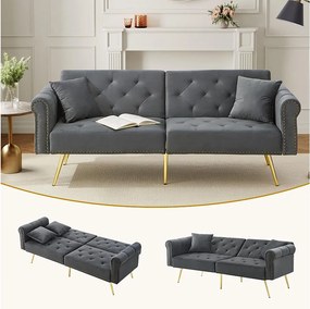 Nowoczesna sofa 2-osobowa z funkcją spania – 173 x 75 x 70 cm – 3-stopniowa regulacja oparcia + złote metalowe nogi – aksamit – szary