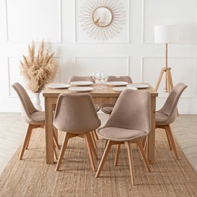 Zestaw Stół Prostokątny Rozkładany SKUBI 120-160 cm Dąb Artisan i 6 Krzeseł Tapicerowanych NEVEL Beżowych Skandynawskich