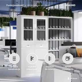 Biurowa przeszklona szafa metalowa na akta z szufladami EDMUND, 900 x 1850 x 400 mm, szara