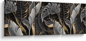Obraz - Tropikalne liście w kolorze czarno - złotym (z zegarem) (90x30 cm)