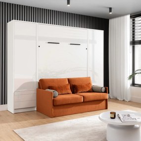 Półkotapczan pionowy z sofą GENIUS (biały połysk) rozwiązanie do małych pomieszczeń (sofa z pojemnikiem)