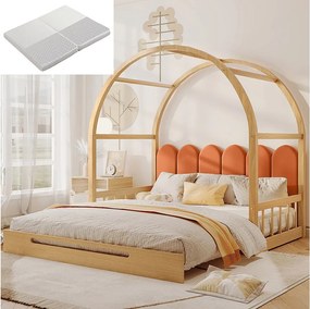 Łóżko kabinowe 140x200 cm - Łóżko wysuwane z listwowym stelażem - naturalna sosna i pomarańcz - materac w cenie