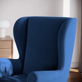 Luksusowy fotel LENTIO stylowy uszak w niebieskiej tkaninie, plusz velvet