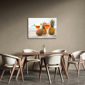 Obraz ananasów i szklanek na plaży (70x50 cm)