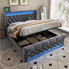 Łóżko z pojemnikiem 140 x 200 cm - Łóżko pojedyncze z ładowaniem USB i oświetleniem LED - szary aksamit - bez materaca