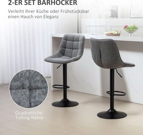HOMCOM Nowoczesne Krzesła Barowe, Zestaw 2 szt. Z Opórką, Regulowane Wysokościowo, z Podnóżkiem, Obracane, Wyściełane, Ciemnoszary