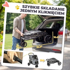 PawHut Wózek dla psa składany z zmywalną poduszką, oknami z siatki, 3 kołami, dla średnich psów do 20 kg, szary | Aosom PL