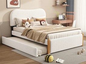 Łóżko tapicerowane z pluszu 140x200cm - z wysuwanym łóżkiem - z stelażem z listew MDF - Białe