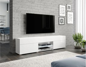 Nowoczesny lowboard RTV 180 cm do salonu, biały mat/biały połysk, stojący, z szufladami i półkami