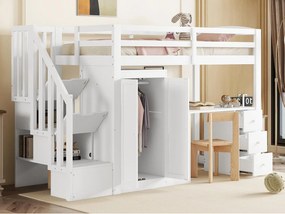 Łóżko mezzanine 90x200cm z drewna - z szafą, biurkiem i schodami do przechowywania - Białe