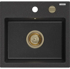 Mexen Milo zlewozmywak granitowy 1-komorowy 435 x 410 mm, czarny/srebrny metalik, syfon złoty - 6505441000-73-G