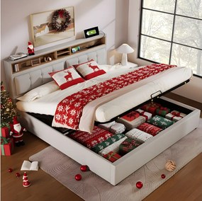 Łóżko z pojemnikiem 160 x 200 cm i zagłówkiem ze schowkiem - USB - tkanina lniana - beż