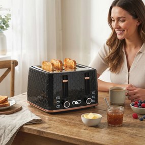 HOMCOM Toster na 4 kromki z 7 poziomami przyrumienienia, wysoki podnośnik, podgrzewanie/rozmrażanie/anulowanie, 1860W, czarny z wzorem plastra miodu | Aosom PL