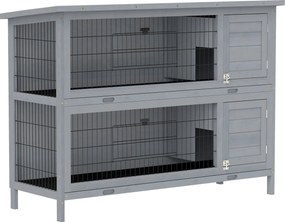 PawHut Klatka dla królików z drewna z 2 poziomami, dach z papy, tacki na dno, drzwi dla małych zwierząt, 136,4 x 50 x 93 cm, szara | Aosom PL