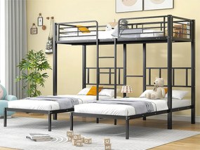 Łóżko piętrowe potrójne 3x90x200cm z drabinką i półką - metalowa rama - Czarny