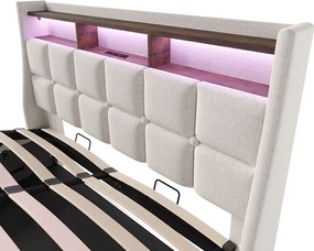 Łóżko tapicerowane z pojemnikiem dla młodzieży - 160 x 200 cm - Materac + LEDy + Zagłówek z USB - Tkanina lniana - Beż