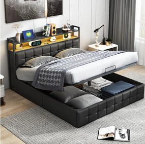 Łóżko tapicerowane ze schowkiem 140x200 cm w skórze - z diodą LED i portem ładowania - czarne