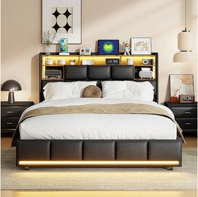 Łóżko z hydraulicznym pojemnikiem LED 160x200 cm czarne z ekoskóry PU z portami USB i stelażem z listew