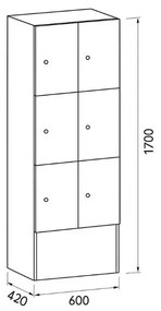 Drewniana szafka skrytkowa S5, 6 schowków, 1700 x 600 x 420 mm, zamek cylindryczny, buk