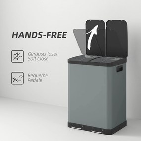 HOMCOM Śmietnik z podwójną komorą, 2 x 30L, odporny na odciski palców, pedał, wyjmowane wewnętrzne kosze, Szary